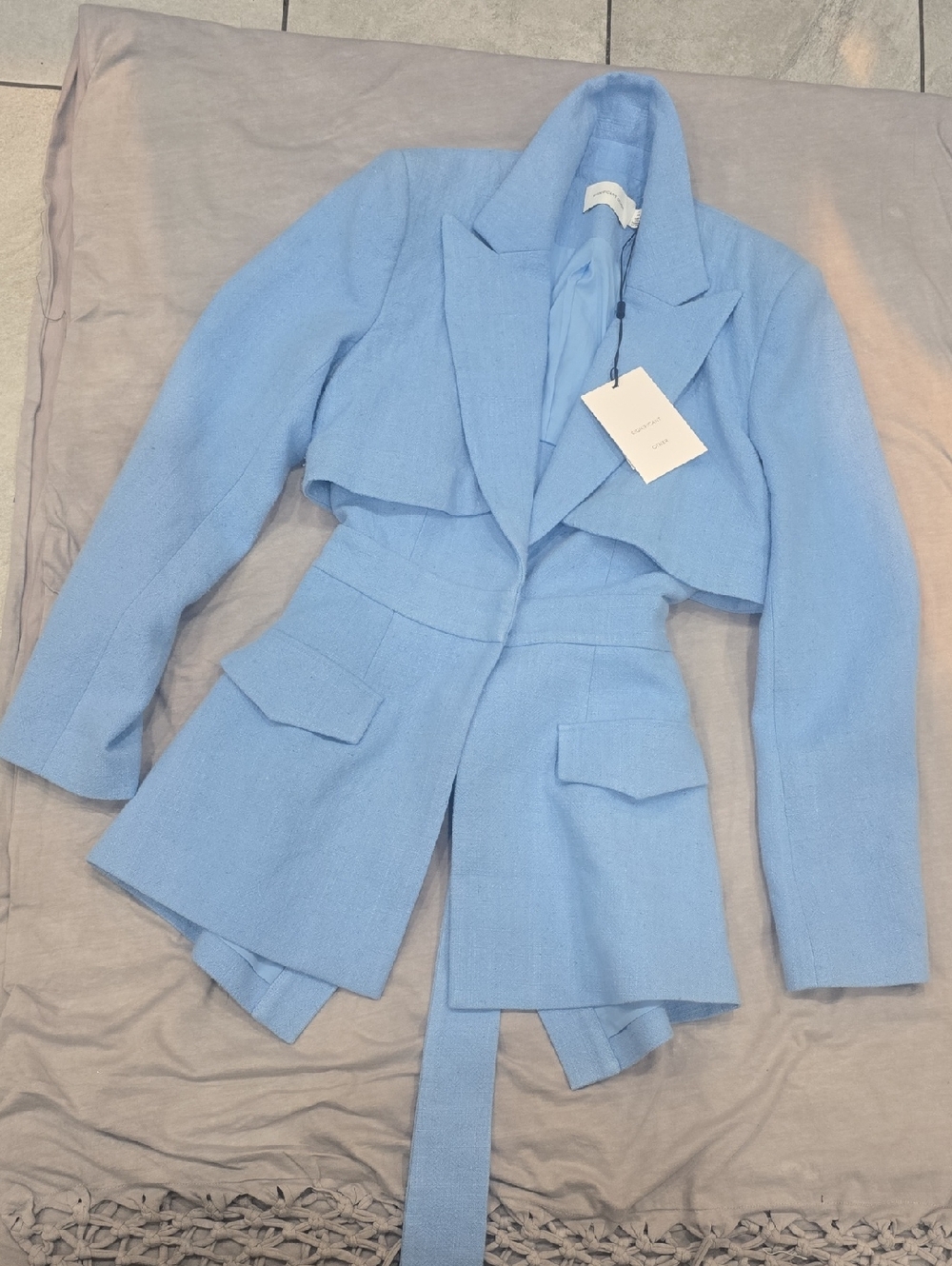 Cropped Light Blue Women's Tailored Belted Blazer